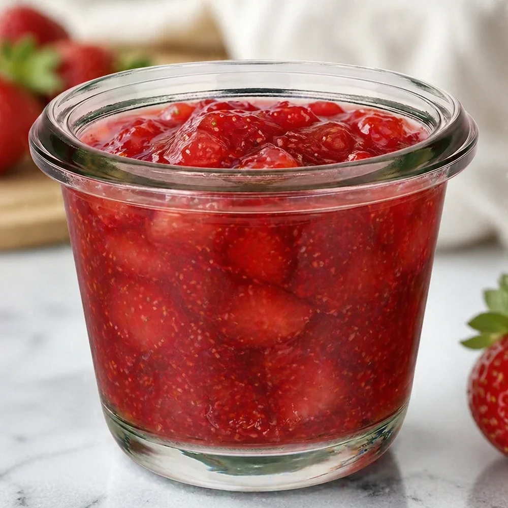WECK Pot gourmet RR60 80ml rempli de confiture de fraises rouges entre des fraises fraîches sur un plan de travail en marbre