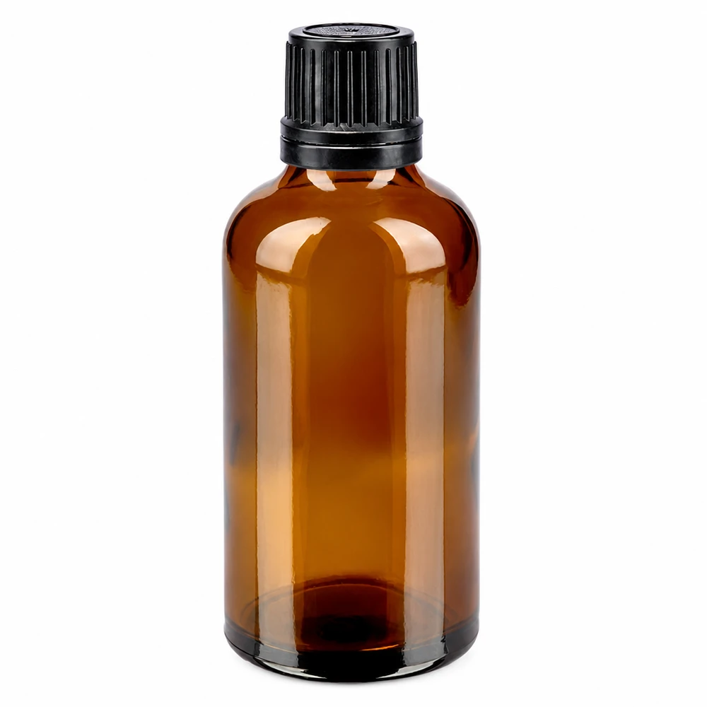 Flacon de pharmacie de 50 ml en verre ambré avec bouchon d'inviolabilité noir à sécurité enfant