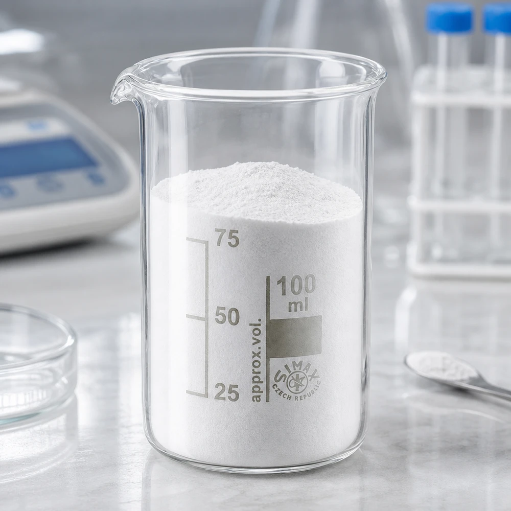 Bécher 100ml en verre borosilicate résistant à la chaleur (forme haute) Photo de laboratoire : bécher de 100 ml, modèle haut, Simax République tchèque, contenant une poudre blanche