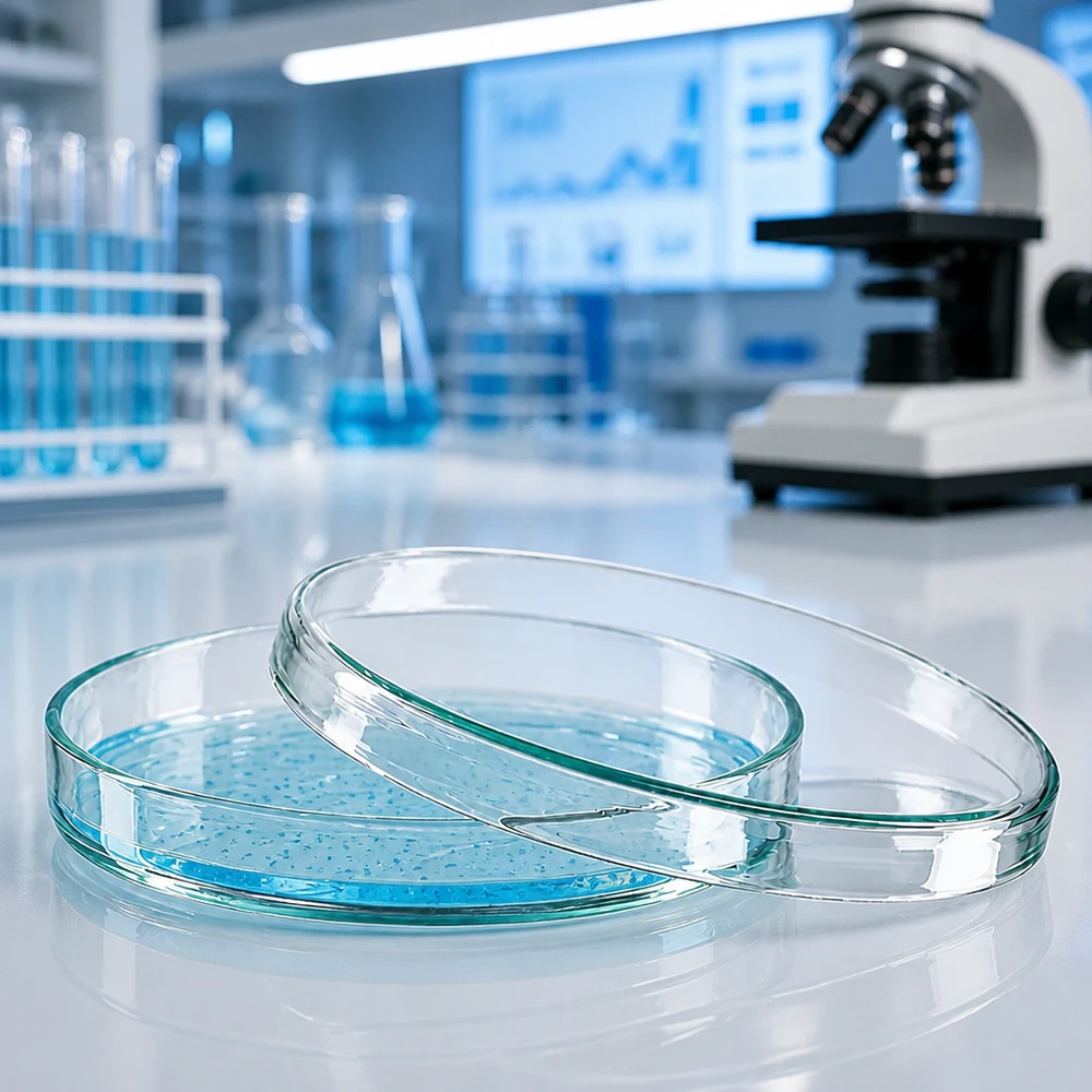 Boîtes de Pétri en verre de 100 x 15 mm, disposées en chevauchement et remplies d'un milieu de culture turquoise