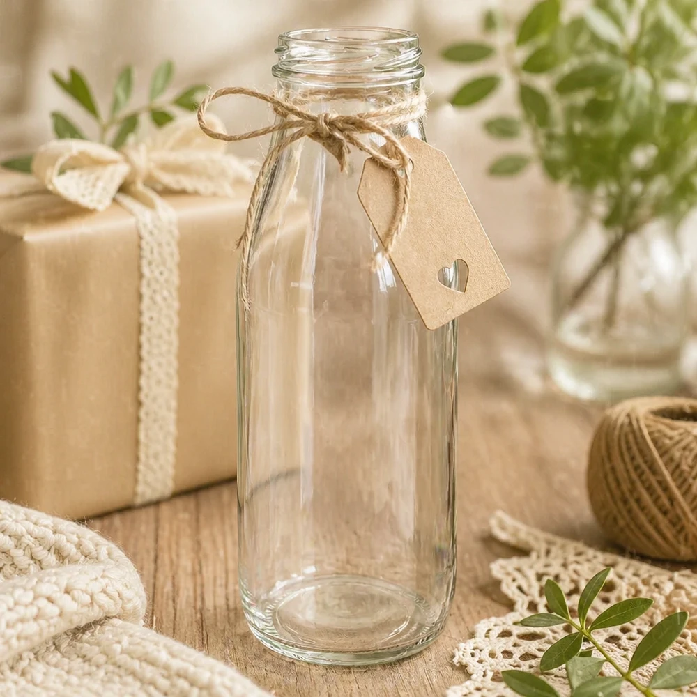 Bouteille en verre TO48 UNiTWIST 500ml vide avec pendentif en papier kraft et corde de jute décorée comme emballage cadeau