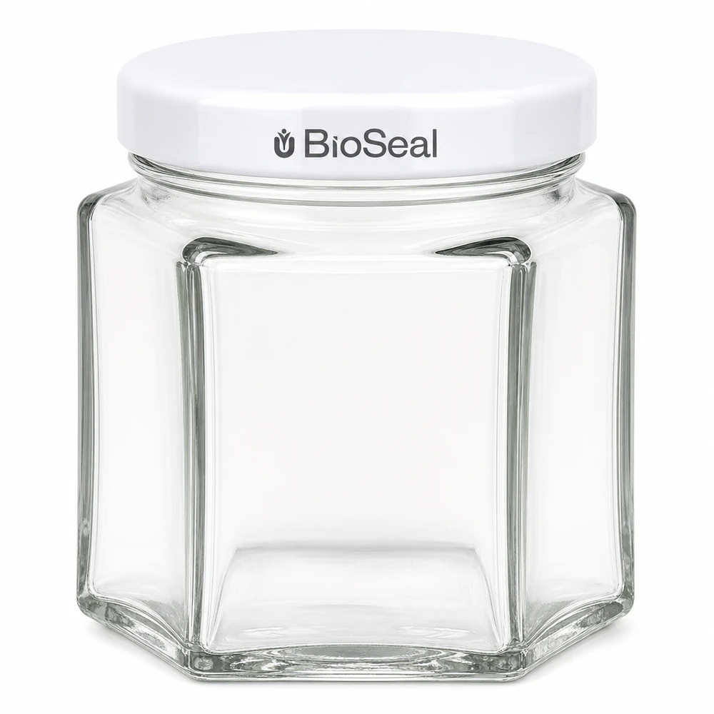 47ml Verre hexagonal avec couvercle BioSeal blanc UNiTWIST