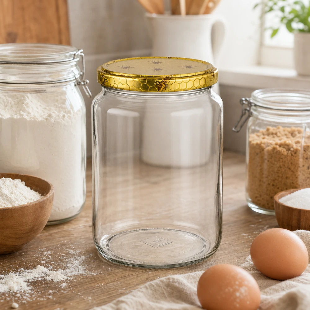 Pot de miel de 1000g avec couvercle en nid d'abeille à côté de farine, d'œufs et d'ingrédients de boulangerie sur plan de travail en bois Scène de cuisine Apiculture