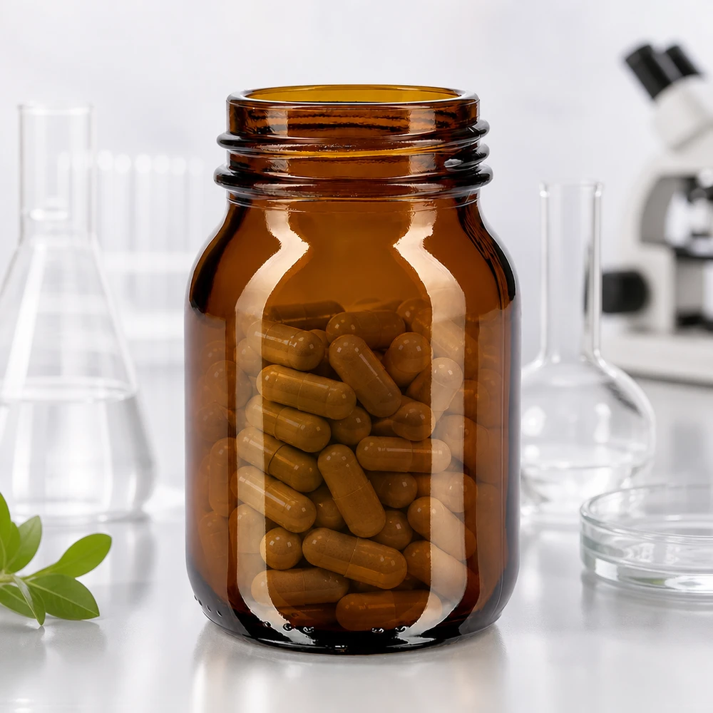 Bocal à col large en verre ambré 75 ml, goulot DIN 40, sans couvercle Bouteille de pharmacie compacte de 75 ml en verre brun avec large ouverture pour les médicaments
