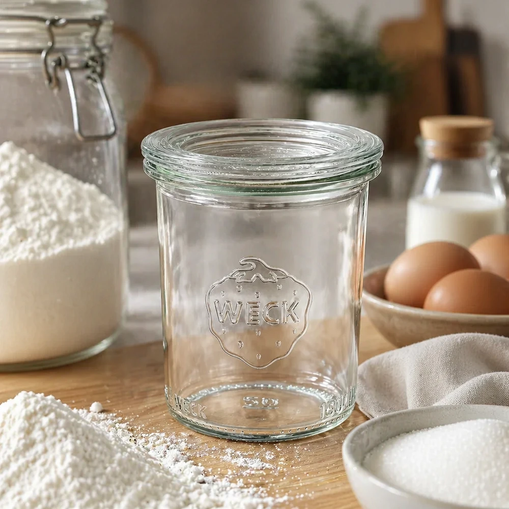 Bocal en verre de 160 ml avec couvercle en verre WECK RR60 WECK Pot renversé 160ml RR60 vide en cuisine rustique avec farine, œufs et lait pour les conserves et les provisions