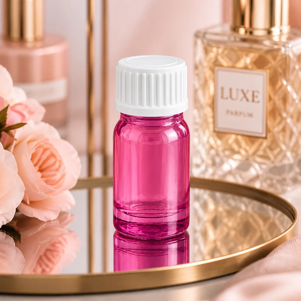 Flacon 5ml (globules) bague de coulée 3mm blanc standard PurpleLine UT18/5 Petit flacon en verre de 5ml avec une couleur rose intense et un bouchon blanc pour le DIY cosmétique