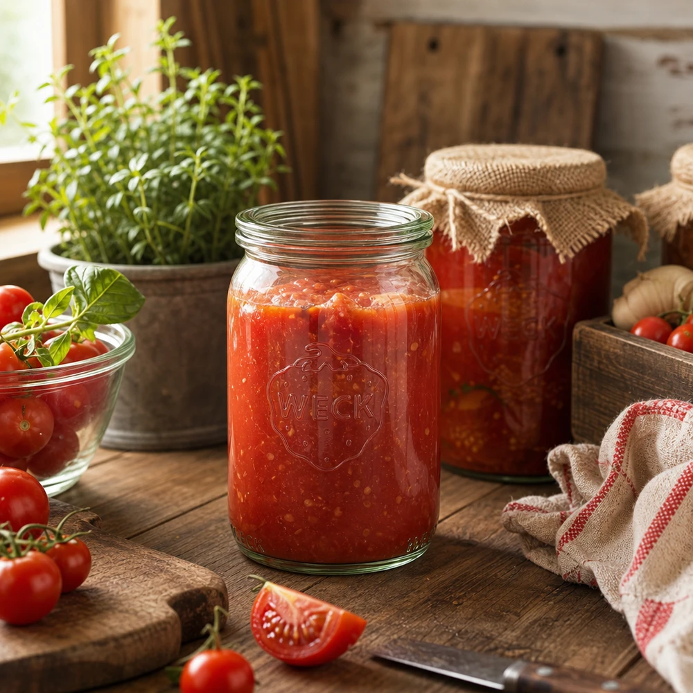 WECK Pot de conserve 145ml rempli de sauce tomate dans une cuisine rustique avec des tomates fraîches et des herbes aromatiques