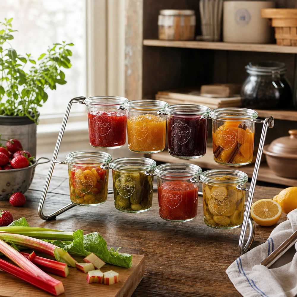 Présentoir Flato8 pour 8 bocaux WECK Support de service Flato8 avec marmelades et confitures colorées dans des pots WECK arrangés dans une cuisine rustique