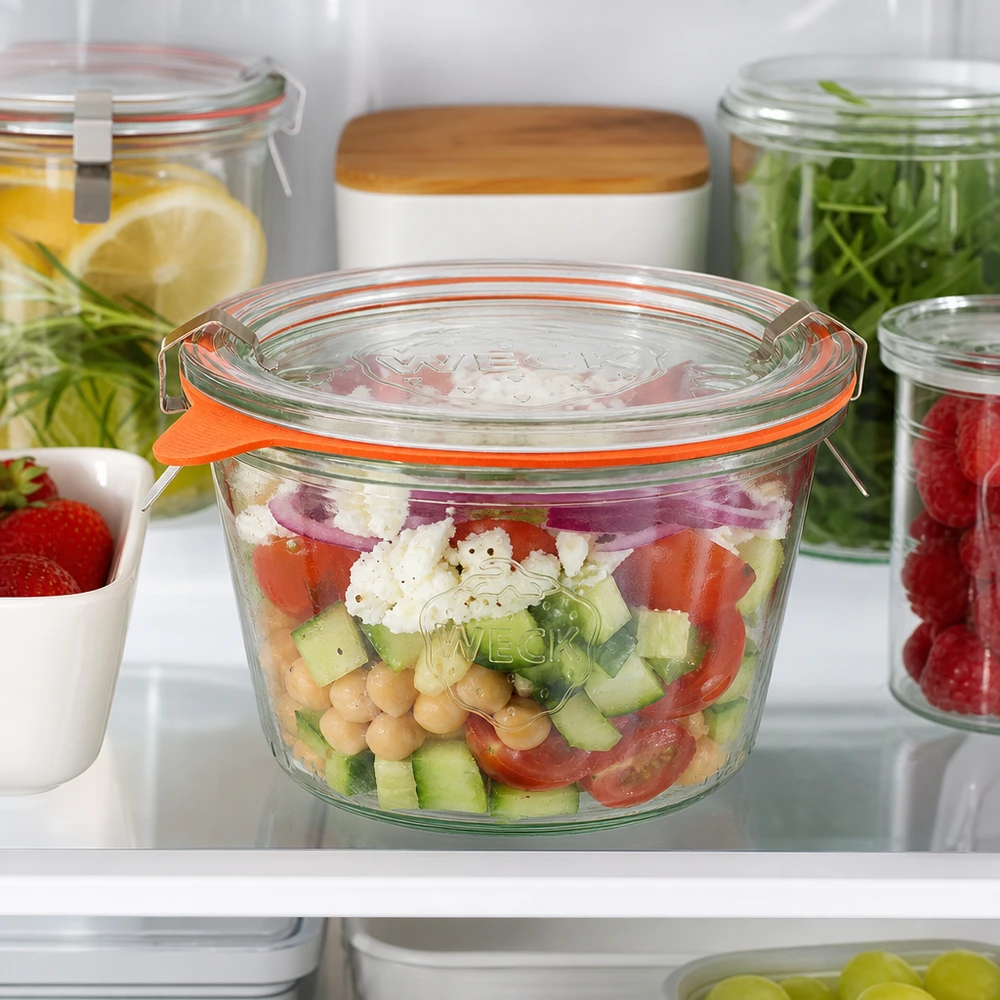 WECK Pot renversé 370ml RR100 rempli de salade fraîche dans le réfrigérateur montre la conservation idéale de Meal Prep