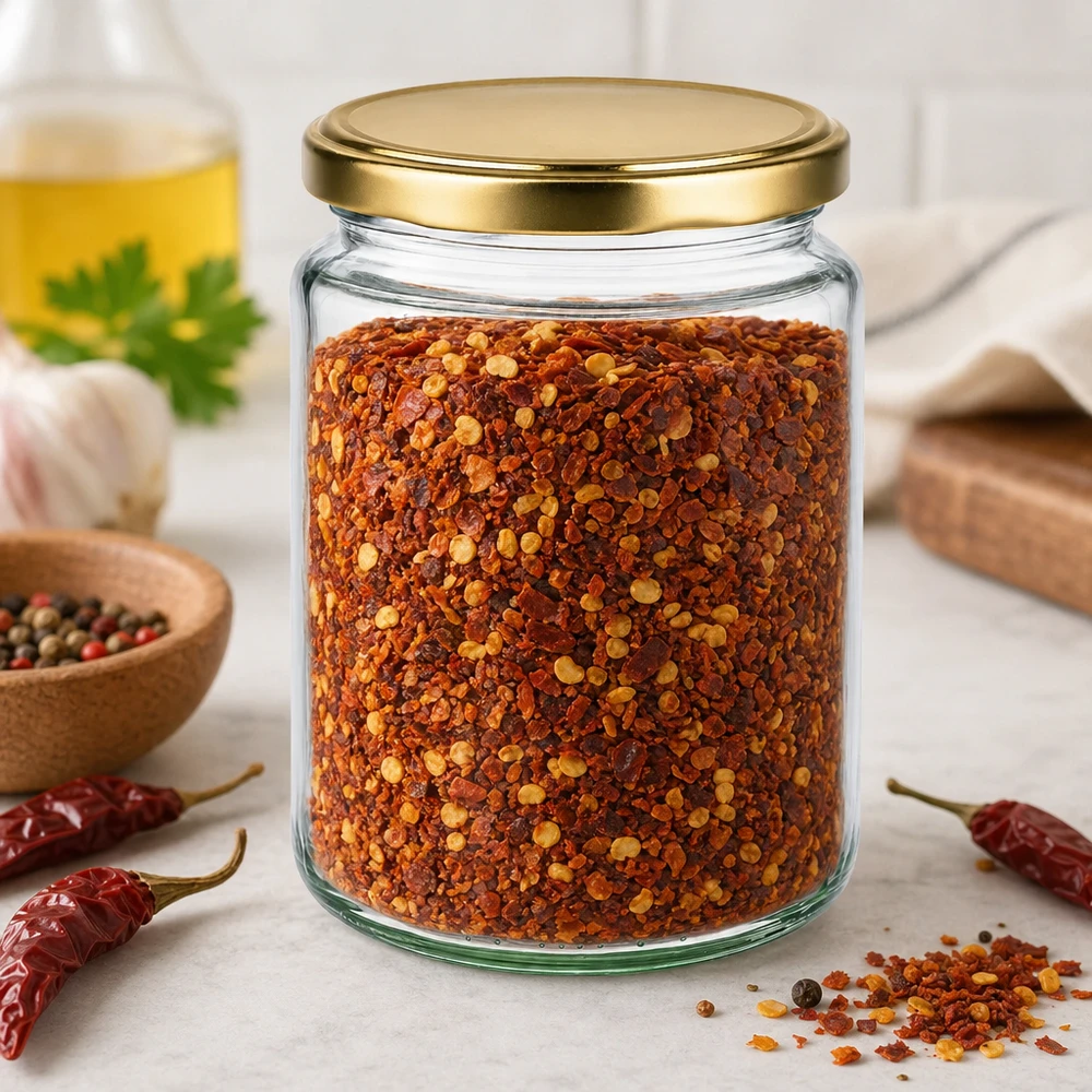 Pot à miel 450 g avec couvercle doré BasicSeal UNiTWIST 450g pot de miel rempli de flocons de piment montre une utilisation polyvalente BasicSeal pot pour les épices et la conservation de la cuisine