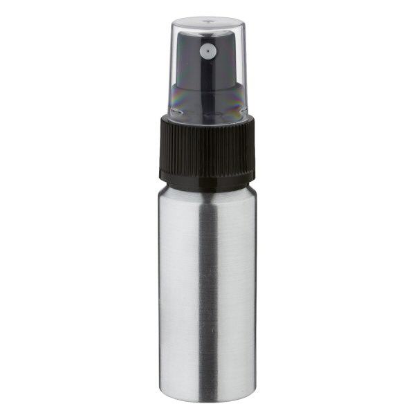 Bouteille en aluminium poncé 20 ml, avec vaporisateur à pompe noir