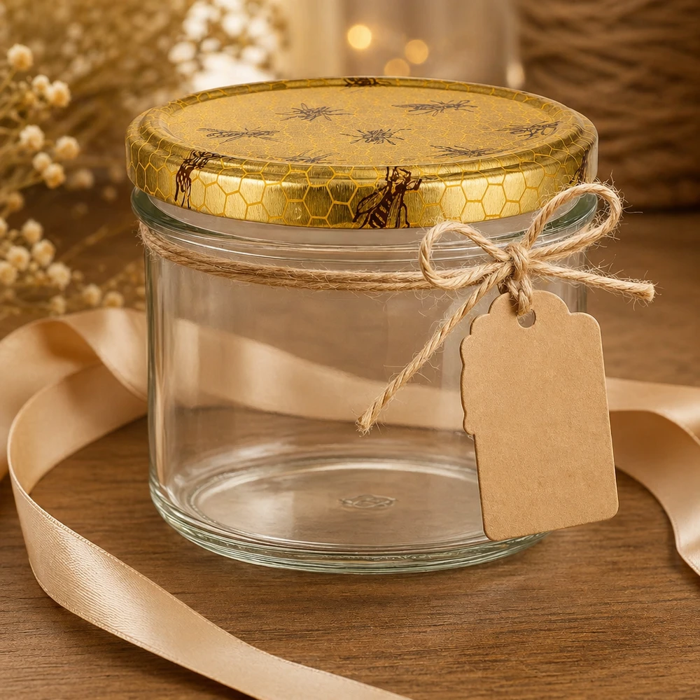 250g pot de miel vide avec couvercle en nid d'abeille étiquette cadeau ficelle de jute et ruban décoration