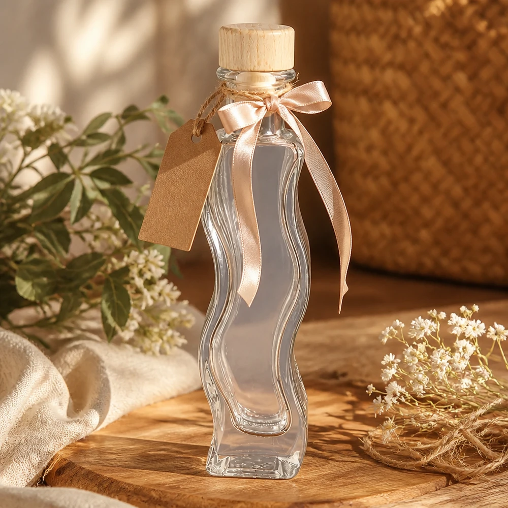 Bouteille en verre Melissa de 100ml décorée comme cadeau avec un ruban rose Pendentif en papier kraft Bouchon en bois Décoration naturelle