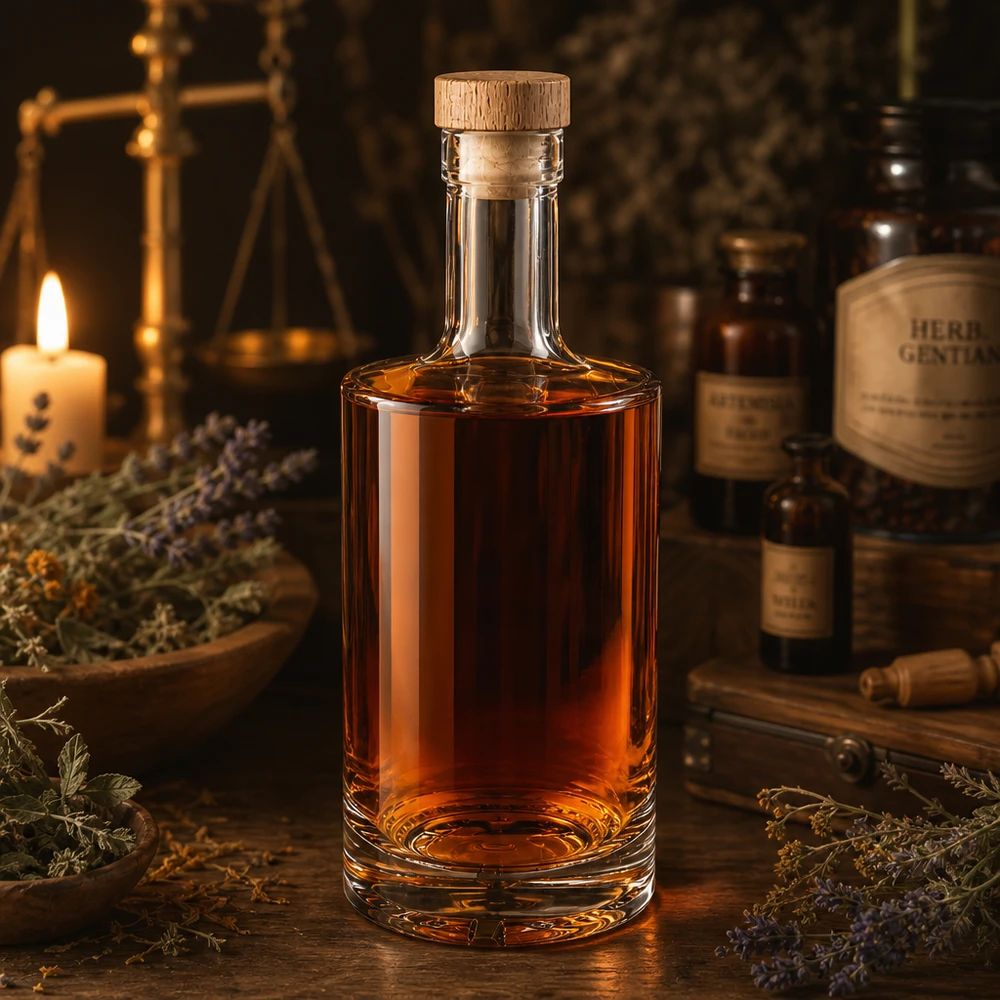 Bouteille en verre Nora de 500ml de liqueur aux herbes ambrée Bouchon en bois UNiTWIST Ambiance pharmacien Bougie de lavande