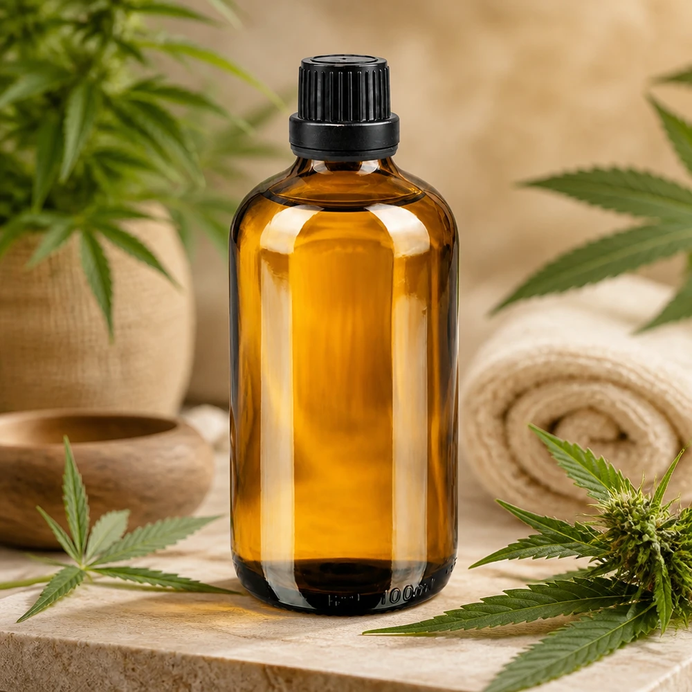 Flacon de pharmacie de 100 ml avec compte-gouttes de 2 mm et plantes de CBD, comme emballage pour un produit de bien-être naturel