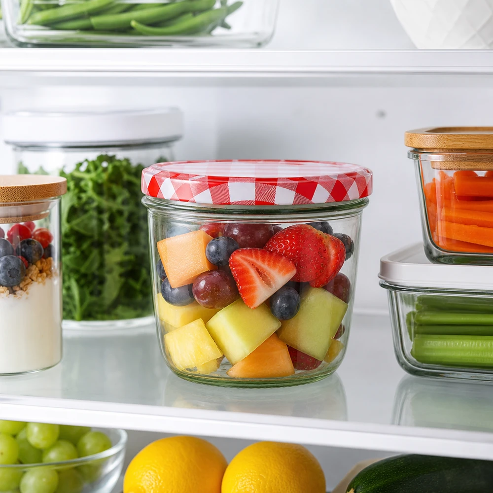 Bocal de 230 ml avec couvercle BasicSeal à carreaux rouges et blancs pour la salade de fruits au réfrigérateur.