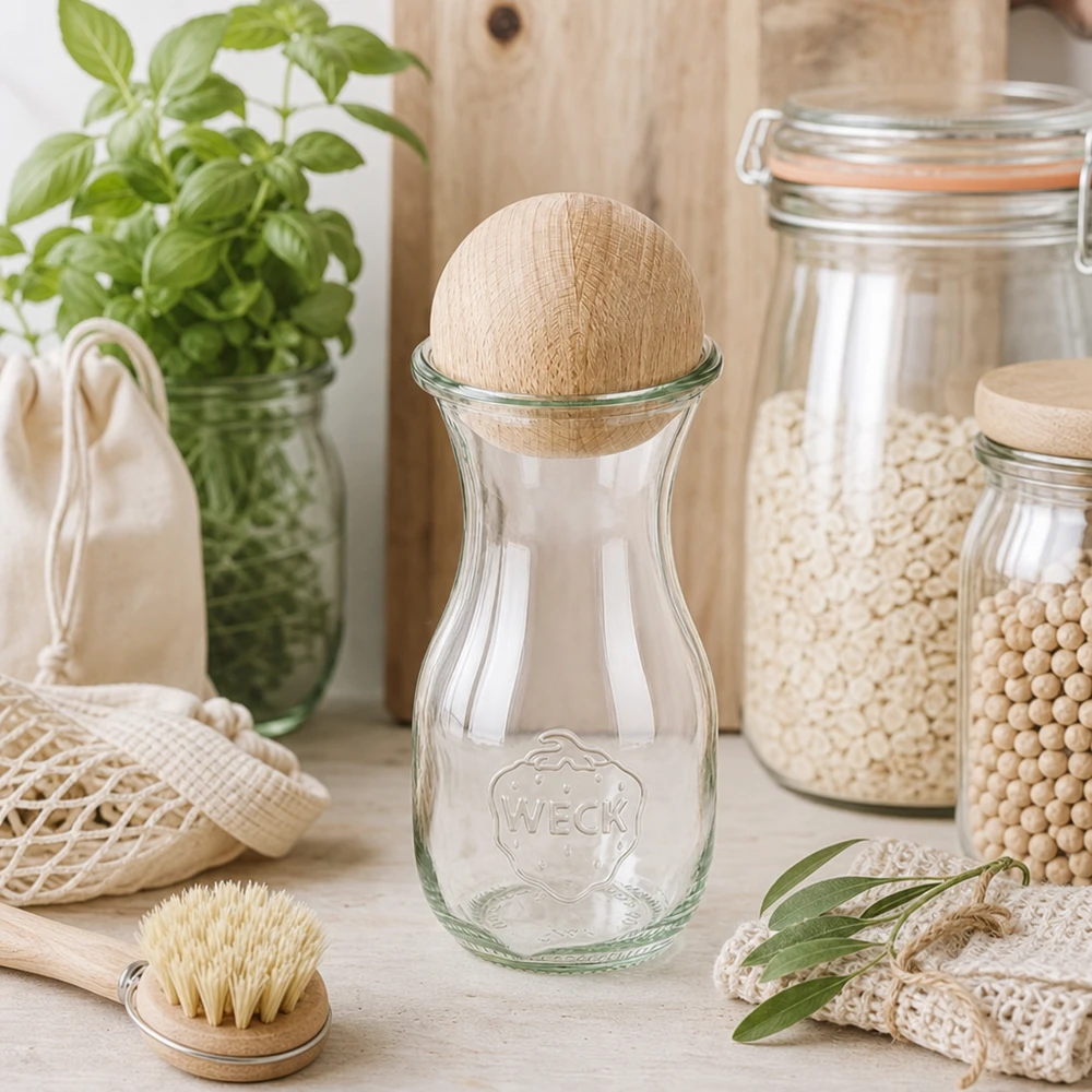 WECK Bouteille de jus 290ml RR60 avec boule en bois dans la cuisine durable zéro déchet entre les bocaux à provisions et les matériaux naturels