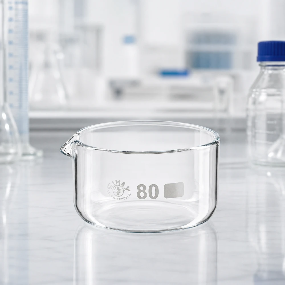 Verrerie de laboratoire de forme plate : cuvette de cristallisation de 150 ml avec bec verseur, sur plan de travail blanc, ø 80 mm
