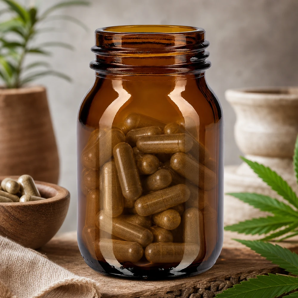 Flacon compact en verre brun de 75 ml à large ouverture, idéal pour les compléments alimentaires