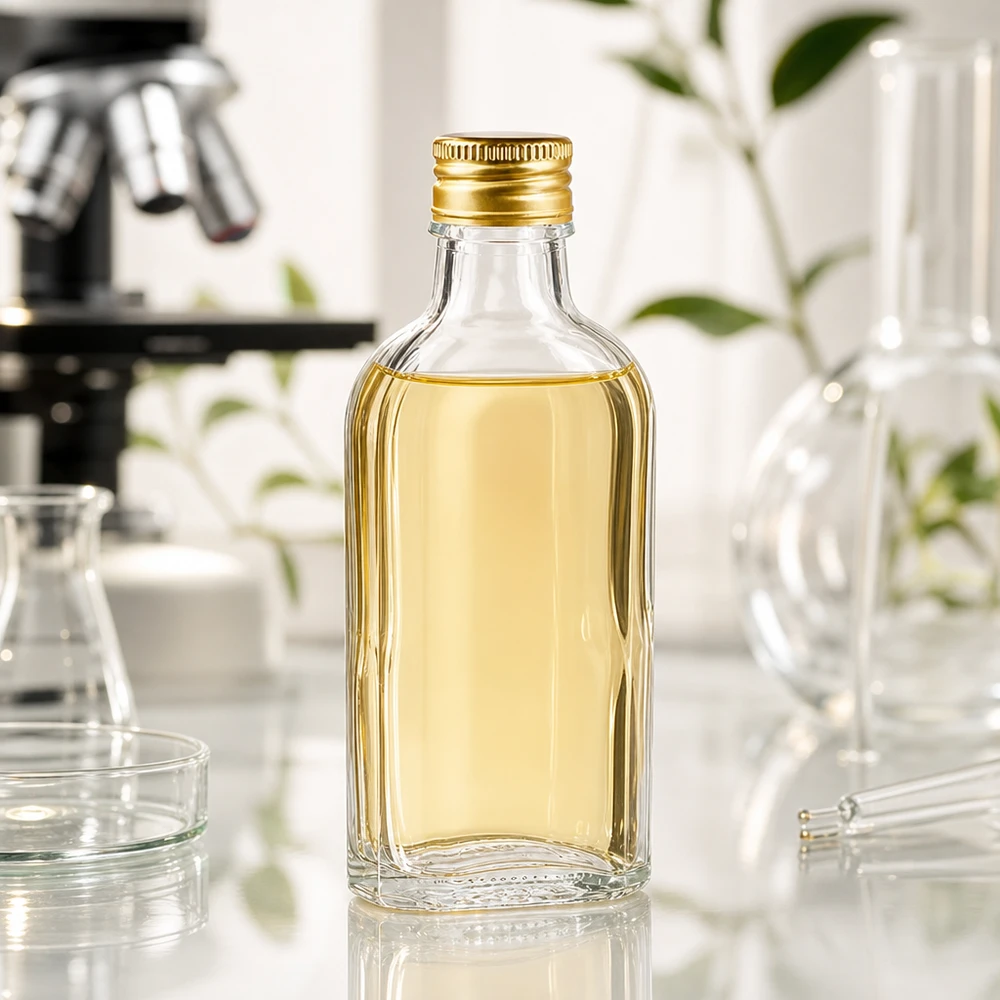100 ml Meplat clair avec bouchon alu or PP22 Flacon en verre transparent de 100 ml avec bouchon doré PP22, à côté d'un microscope et d'un ballon de laboratoire
