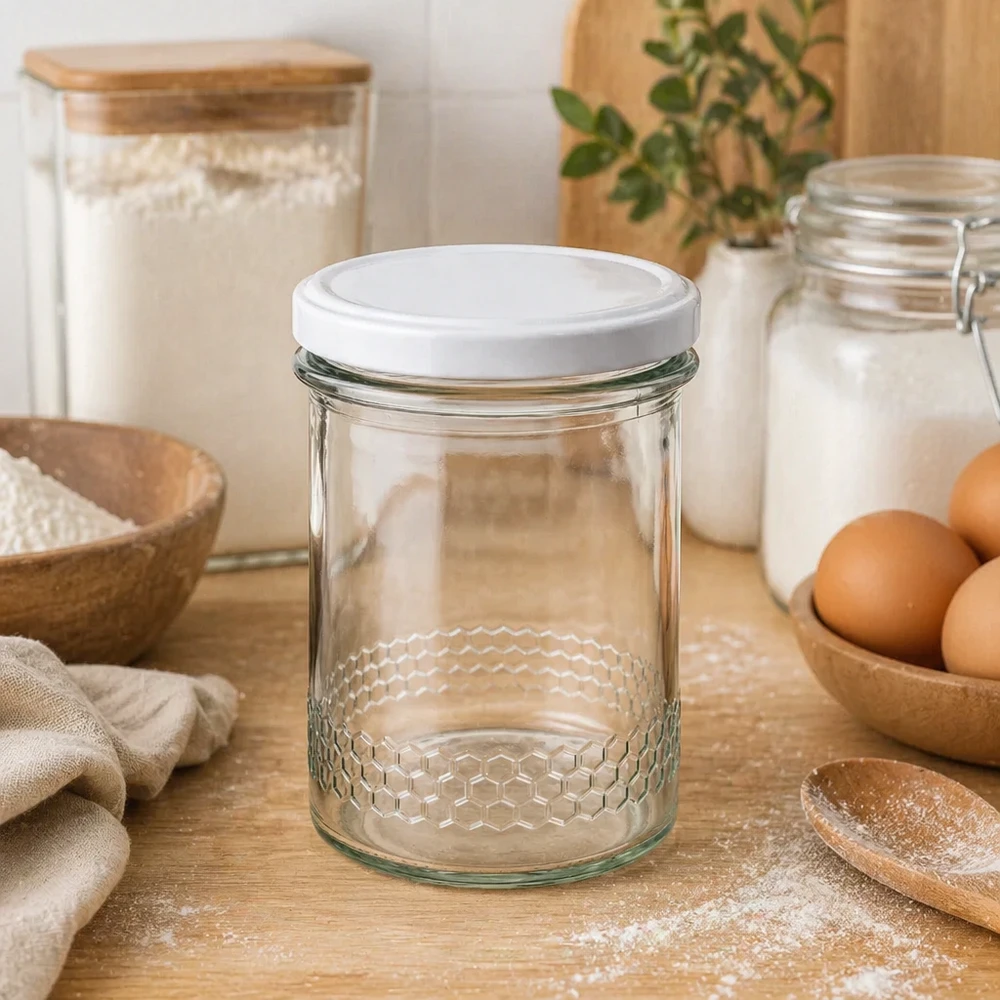 Pot à miel de 400ml avec motif en nid d'abeille dans la cuisine à côté des œufs de la farine et des bocaux à provisions équipement de cuisine naturel BasicSeal