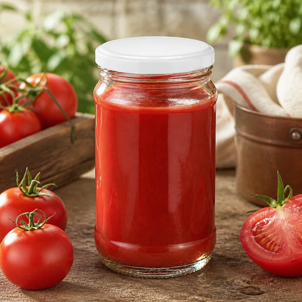Transparent et facile à manipuler : bocal rond UNiTWIST de 370 ml avec couvercle à vis blanc BasicSeal pour les produits à base de tomates