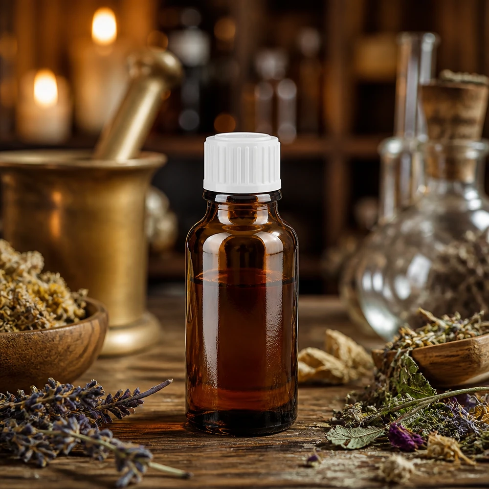Flacon à pharmacie marron 20ml bouchon vissable blanc std Flacon en verre marron de 20 ml muni d'un bouchon de sécurité blanc pour enfants, à côté d'un mortier et d'herbes aromatiques