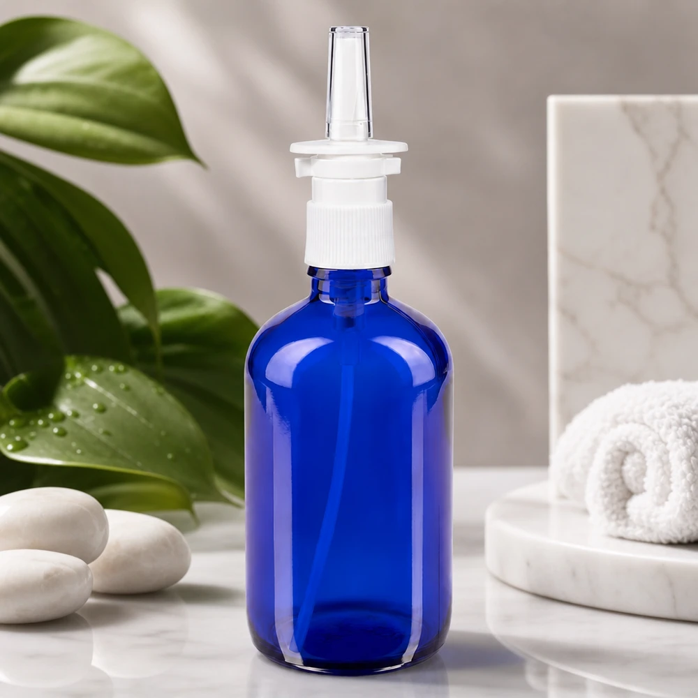Flacon de pharmacie bleu 100ml vaporisateur nasal blanc standard Flacon de pharmacie bleu de 100 ml avec un vaporisateur nasal blanc et une buse transparente, dans une ambiance spa