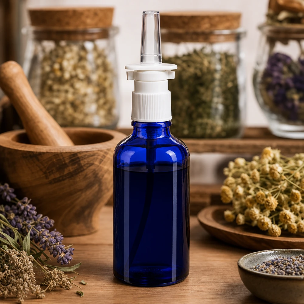 Flacon de pharmacie bleu de 50 ml muni d'une pompe nasale, posé parmi des herbes médicinales séchées et de la lavande