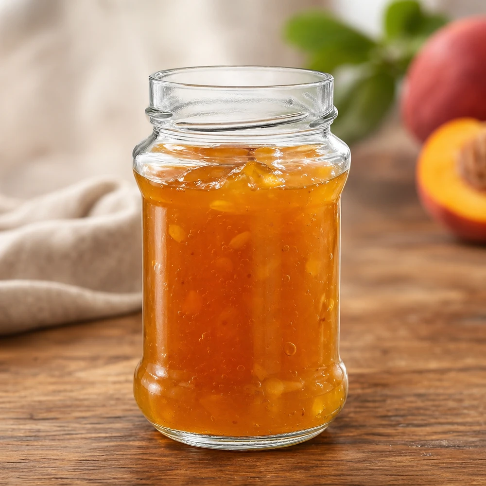 UNiTWIST Runda390 Verre rond 390ml TO66deep avec confiture de pêches sur table en bois à côté de pêches fraîches