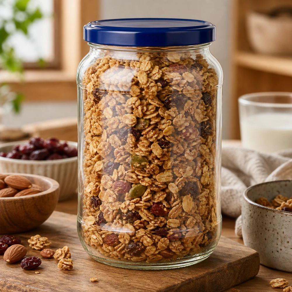 1062ml Verre rond avec couvercle BasicSeal bleu UNiTWIST 1062ml Bocal rond UNiTWIST couvercle bleu avec céréales noix fruits secs Bocal à provisions cuisine planche en bois