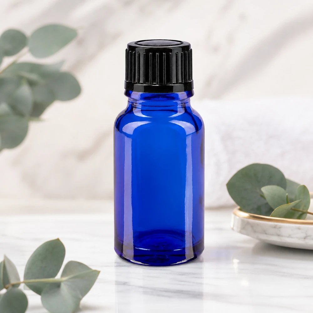 Flacon de pharmacie bleu 10ml, noir 1mm std Flacon compact à épaulement arrondi de 10 ml, bleu cobalt, avec bouchon noir à sécurité enfant