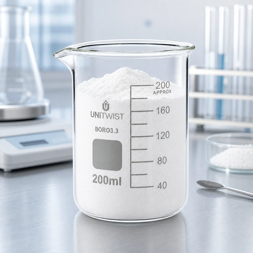 Bécher 200ml borosilicate, forme basse UNiTWIST Verre borosilicaté transparent, récipient bas de 200 ml avec une graduation en blanc jusqu'au repère des 200 ml