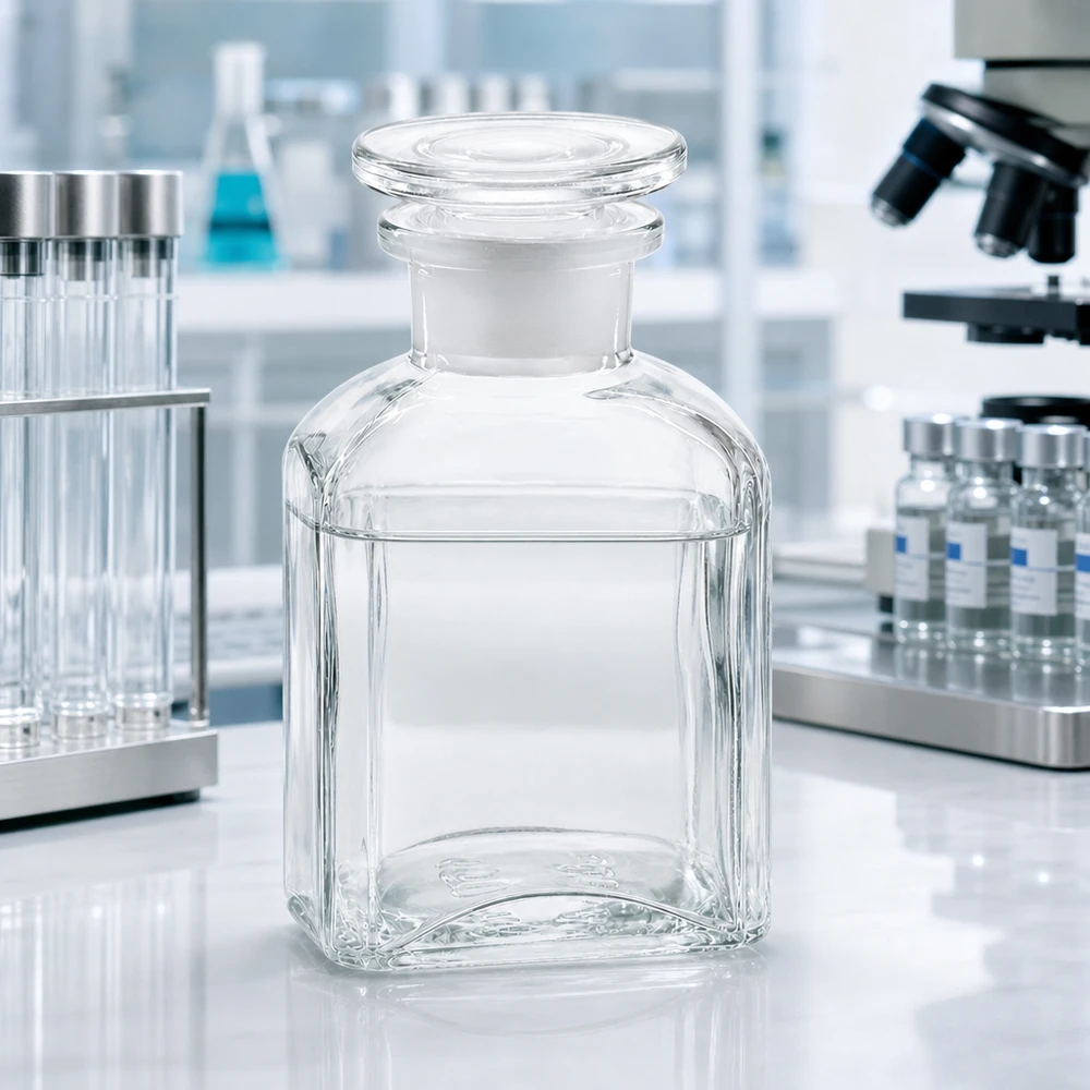 Flacon carré col large 150 ml + bouchon RIN, verre clair Flacon carré empilable de 150 ml en verre transparent, à col large, muni d'un bouchon plat en verre, destiné aux laboratoires