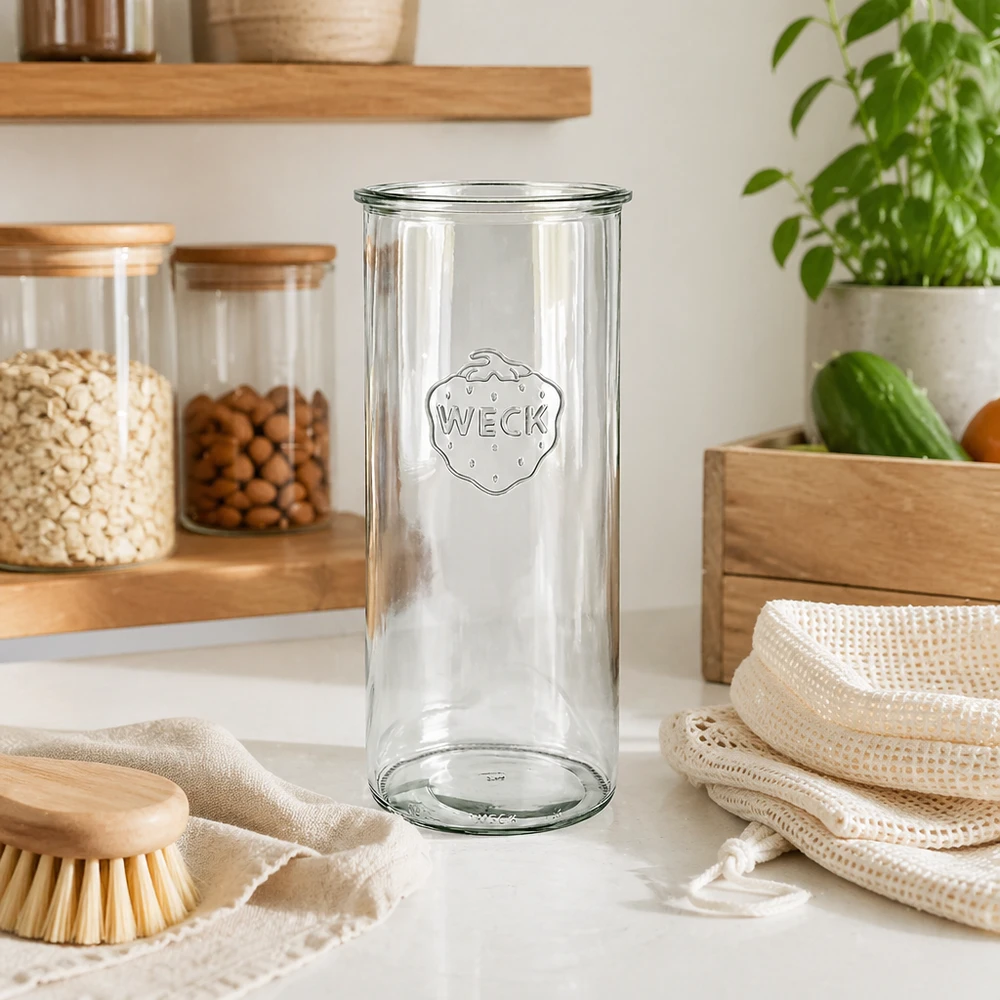 1500ml WECK Bocal en verre RR100 Bocal en verre dans une cuisine moderne avec des étagères en bois et des produits durables