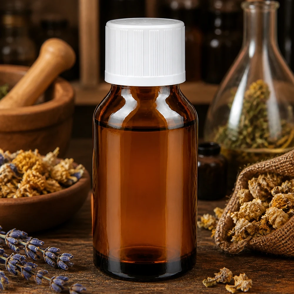 Flacon de pharmacie de 30 ml en verre ambré avec bouchon KiSi, orné de plantes médicinales : camomille et lavande