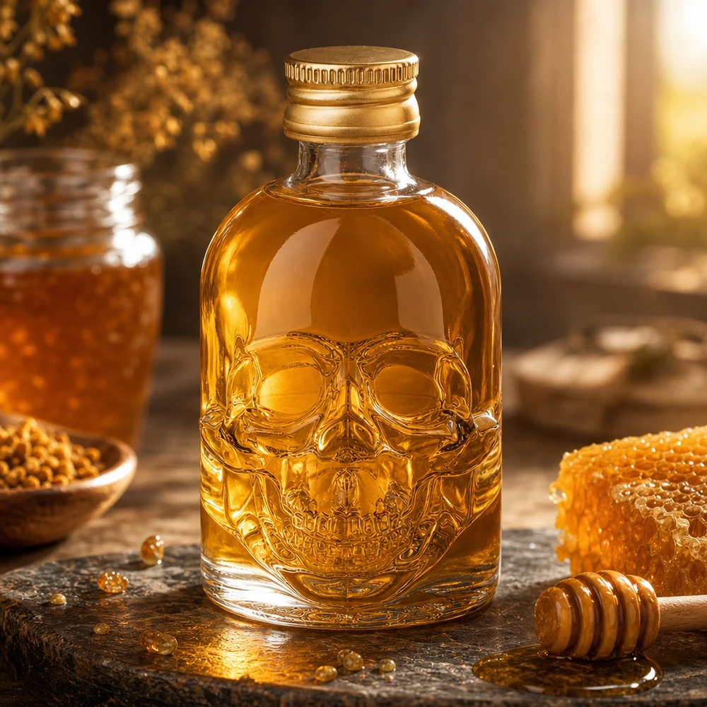 Bouteille en verre 50 ml « Hector » et bouchon à vis doré UNiTWIST® Bouteille en verre Hector 50ml avec tête de mort en relief remplie de miel à côté d'un nid d'abeille et d'une cuillère à miel dans une cuisine chaude
