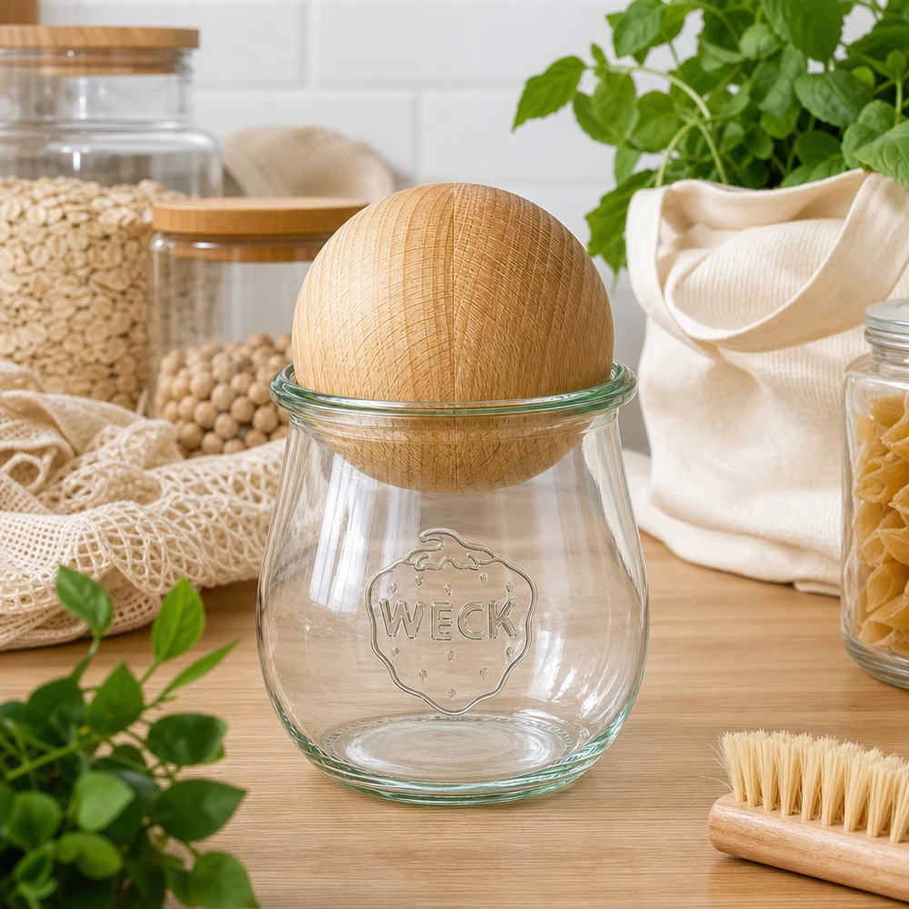 WECK Tulpenglas RR60 220ml mit Buchenholzkugel in nachhaltiger Zero-Waste Küche neben Naturfasern und Kräutern