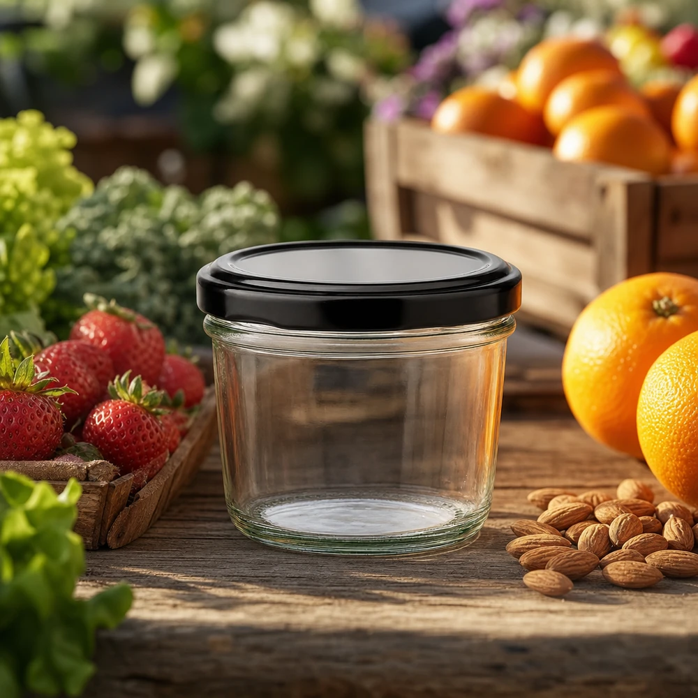 230ml Verre conique avec couvercle BasicSeal noir UNiTWIST 230ml verre renversé vide avec couvercle noir entre les fruits frais et les noix montre des possibilités d'utilisation naturelles