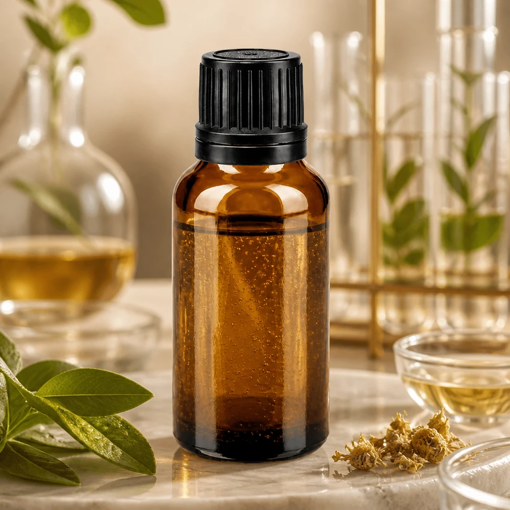 Flacon en verre brun de 20ml avec bouchon vissable noir et bague verseuse Flacon en verre brun de 20 ml avec bouchon à anneau de protection noir, destiné à la médecine naturelle et aux essences