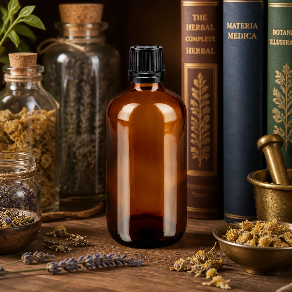 Flacon de pharmacie de 100 ml en verre ambré, muni d'un compte-gouttes de 1 mm, contenant des herbes médicinales séchées