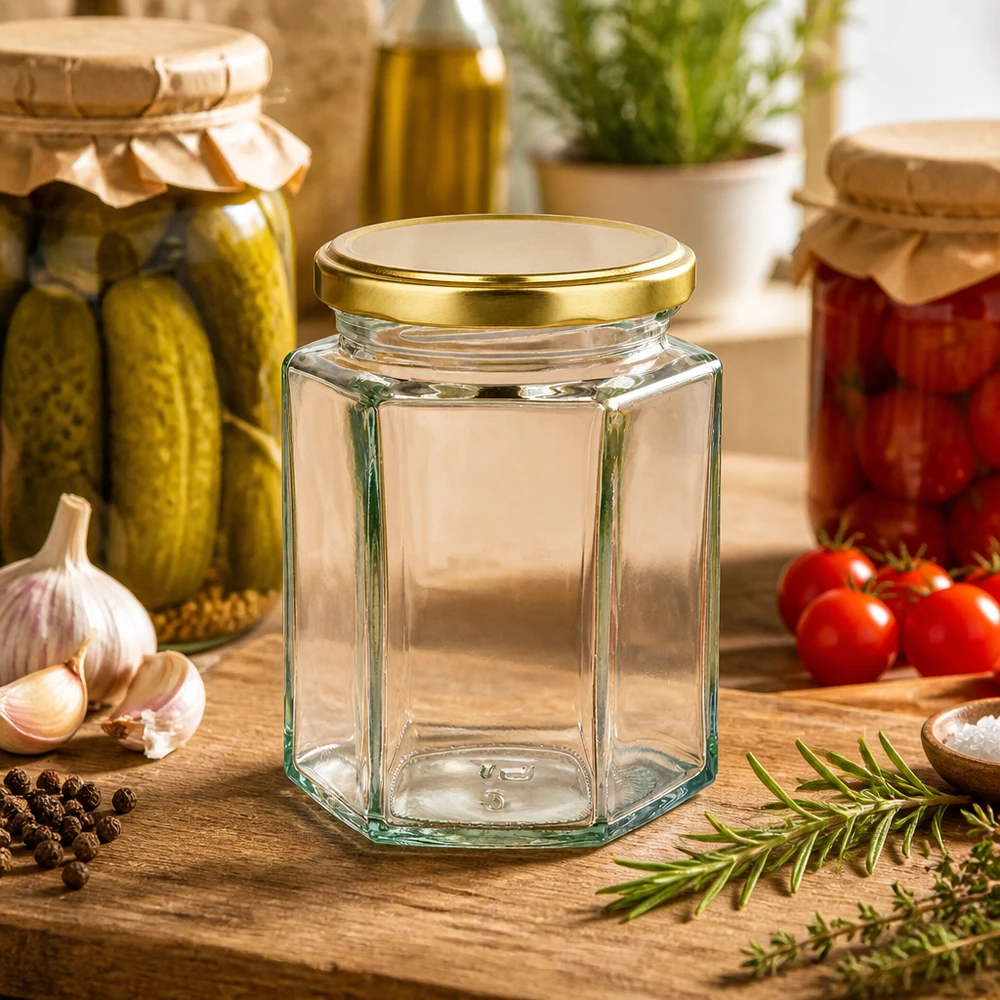 Hexaglas 191 ml + couvercle BasicSeal doré UNiTWIST® Un bocal Hexaglas UNiTWIST de 191 ml avec un couvercle BasicSeal doré, entre des cornichons et des tomates en conserve