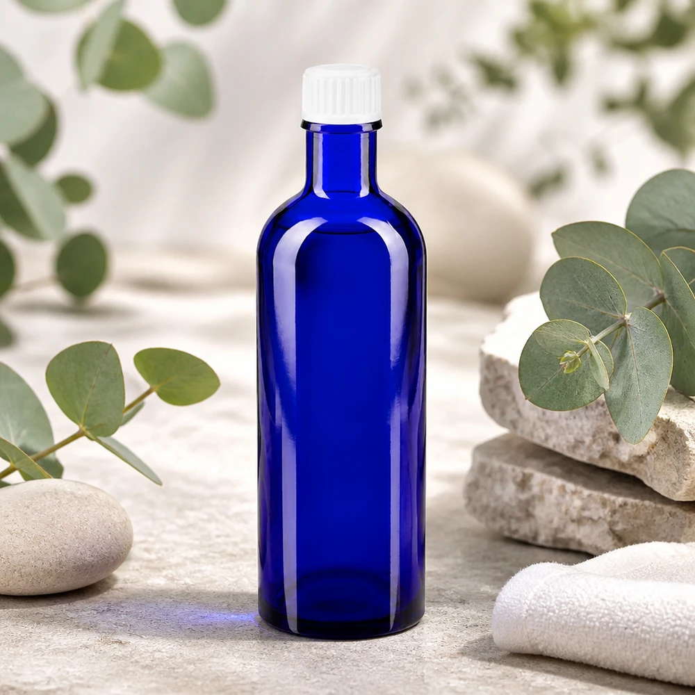 Flacon de pharmacie bleu 200ml bouchon vissable blanc standart Bouteille en verre bleue de 200 ml avec un bouchon blanc, entourée de branches d'eucalyptus et de pierres naturelles