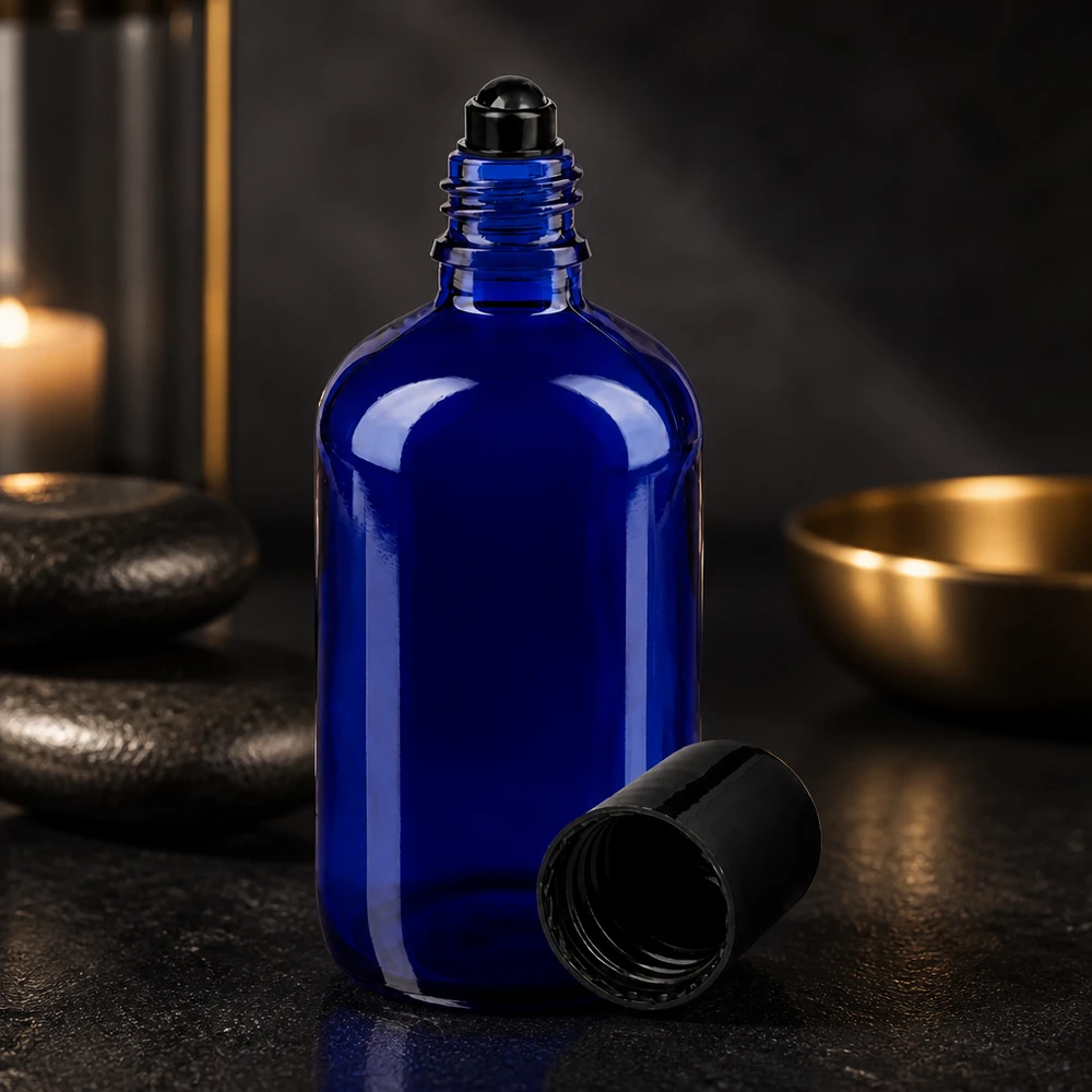 Flacon de déodorant en verre bleu 100 ml, déo à bille vide Flacon en verre bleu de 100 ml avec bouchon à bille en acier pour huiles essentielles et parfums