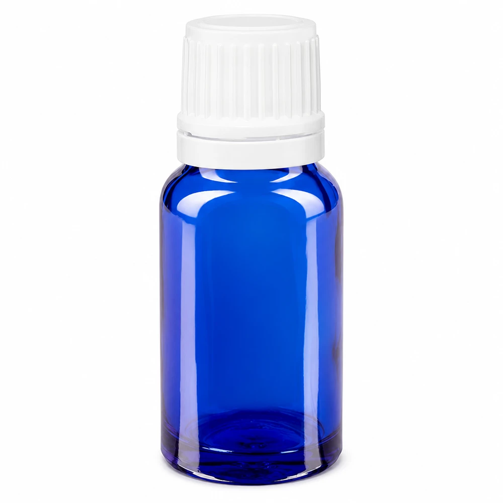 Flacon compte-gouttes bleu cobalt de 10 ml, conditionnement d'origine Apoglas, avec bouchon à vis blanc à sécurité enfants