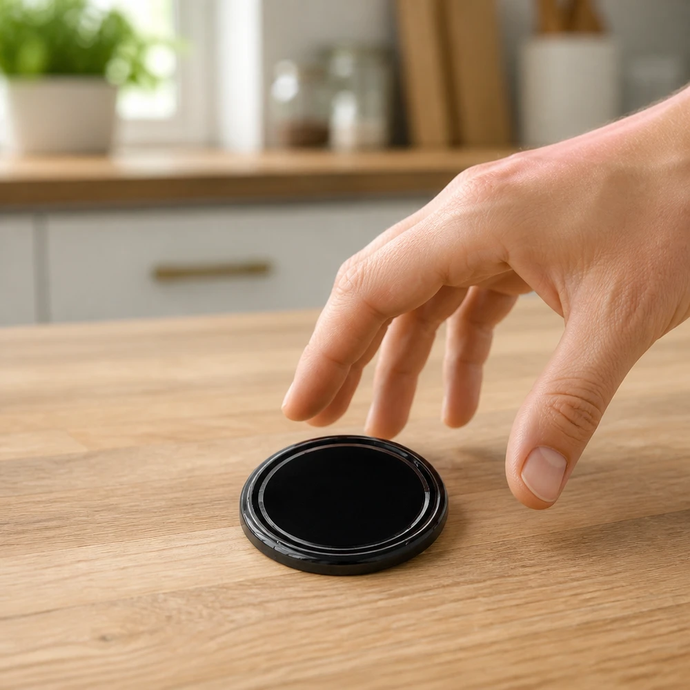 Couvercle BasicSeal noir de 66 mm (TO66) UNiTWIST Couvercle noir à vis de 66 mm BasicSeal TO66 UNiTWIST sur une table de cuisine en bois clair