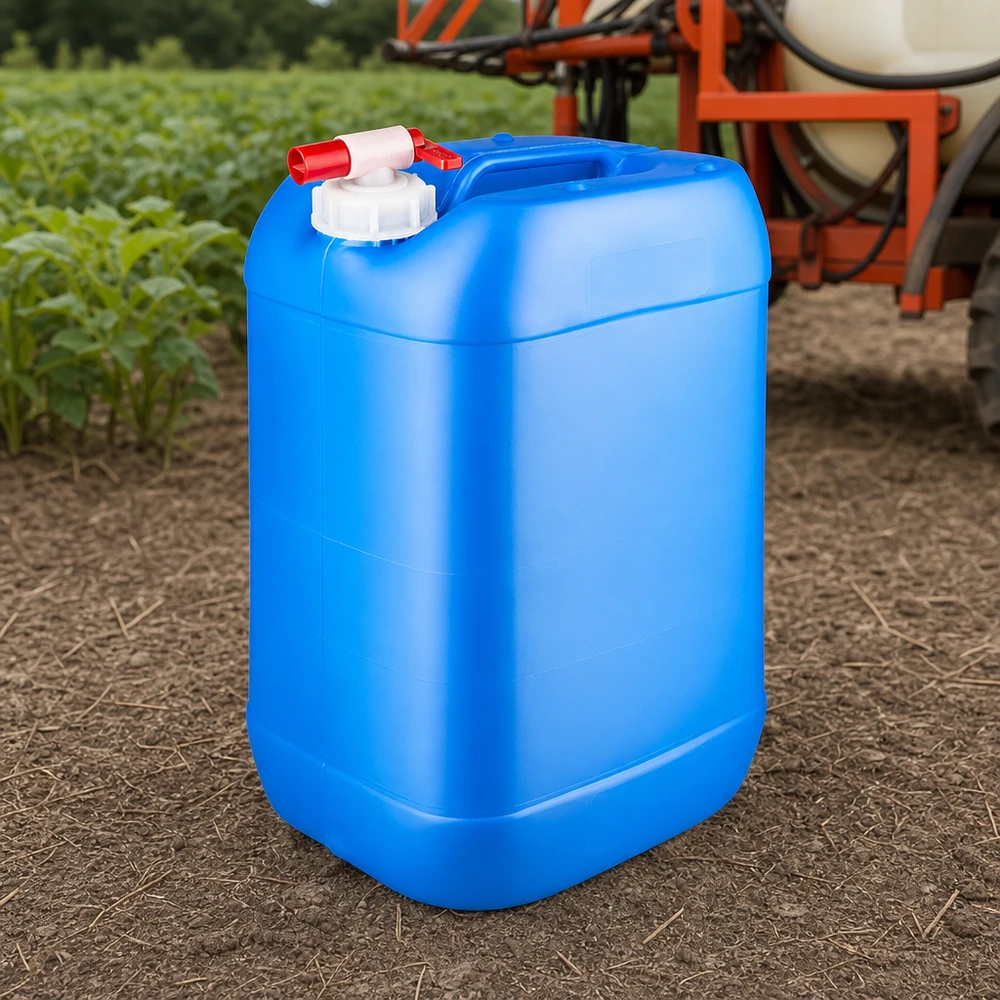 Bidon en plastique portable de 25 litres, bleu avec un robinet rouge, posé sur un champ cultivé devant un potager