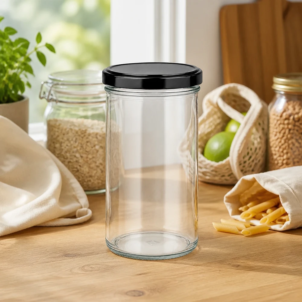 230ml Verre conique avec couvercle BasicSeal noir UNiTWIST 277ml Sturzglas mit schwarzem Deckel umgeben von nachhaltigen Vorratsbehältern und Zero-Waste-Produkten auf Küchenarbeit