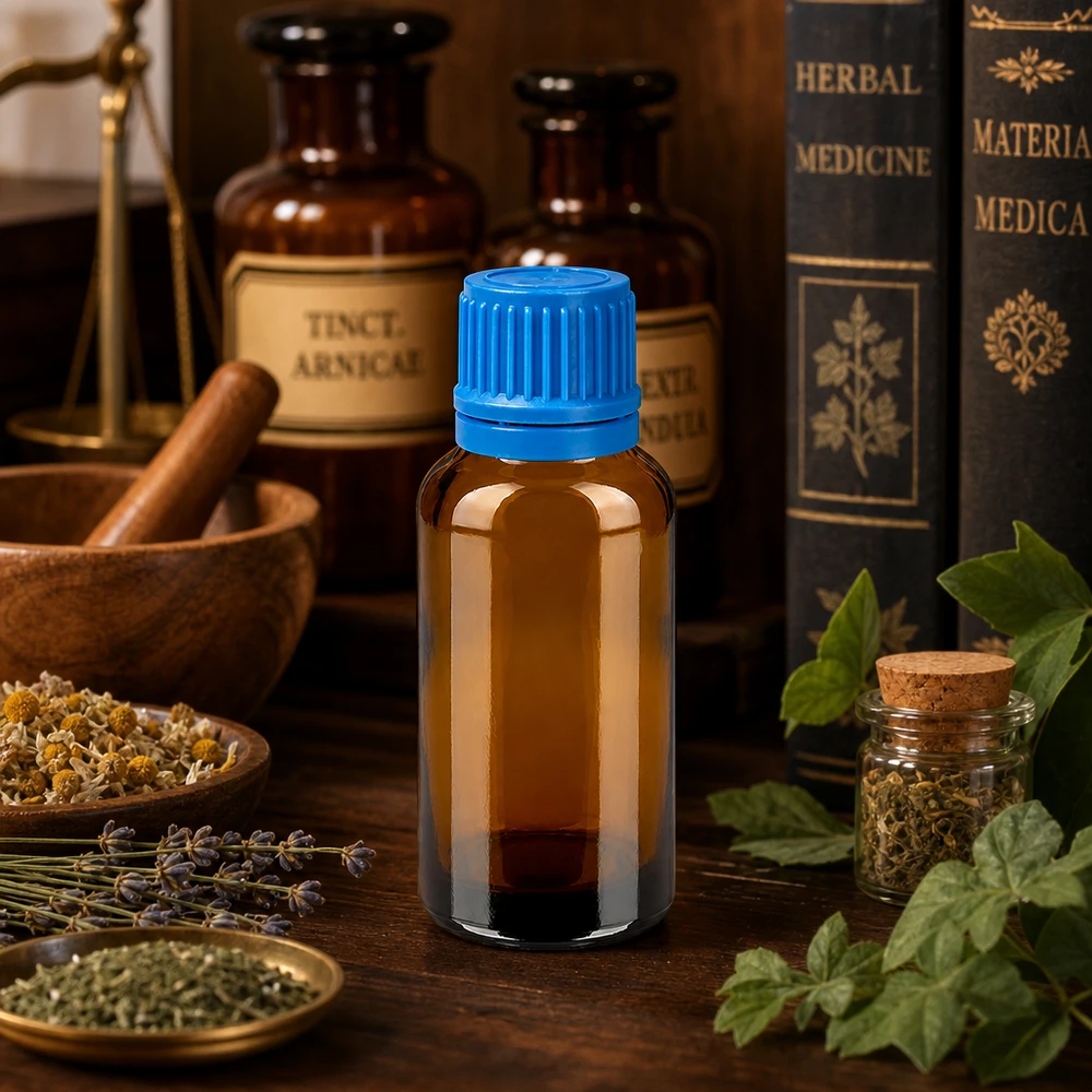 Flacon 30ml 11mm SV bleu OV BrownLine UT18/30 Bouteille médicale robuste de 30 ml en verre brun avec bouchon bleu pour un dosage sûr