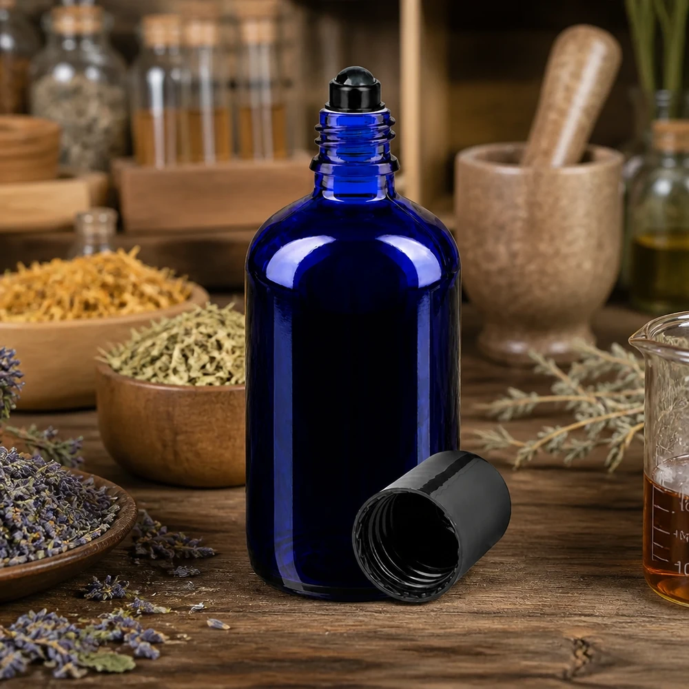 Flacon roll-on bleu cobalt de 100 ml avec bouchon à vis ouvert, posé sur une table en bois rustique avec un mortier